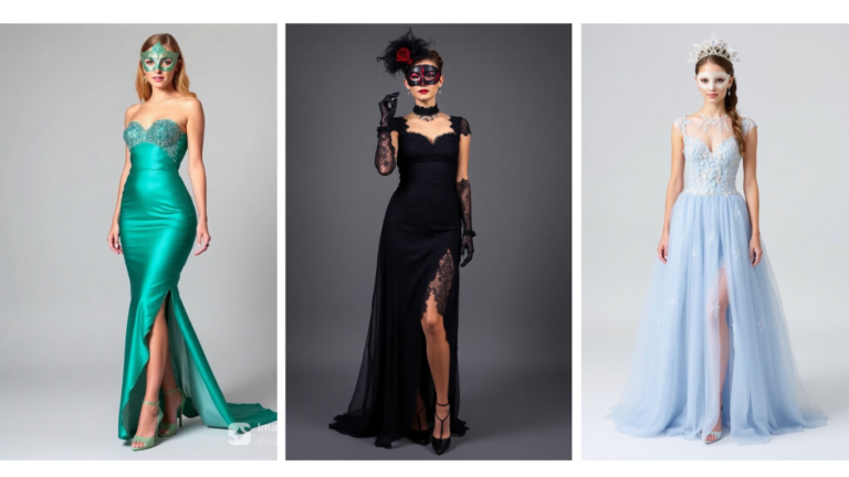 Ladies in elegant outfits with masks at a masquerade ball. #MasqueradeDress #OutfitIdeas #PartyGlam #Mystery #Elegance