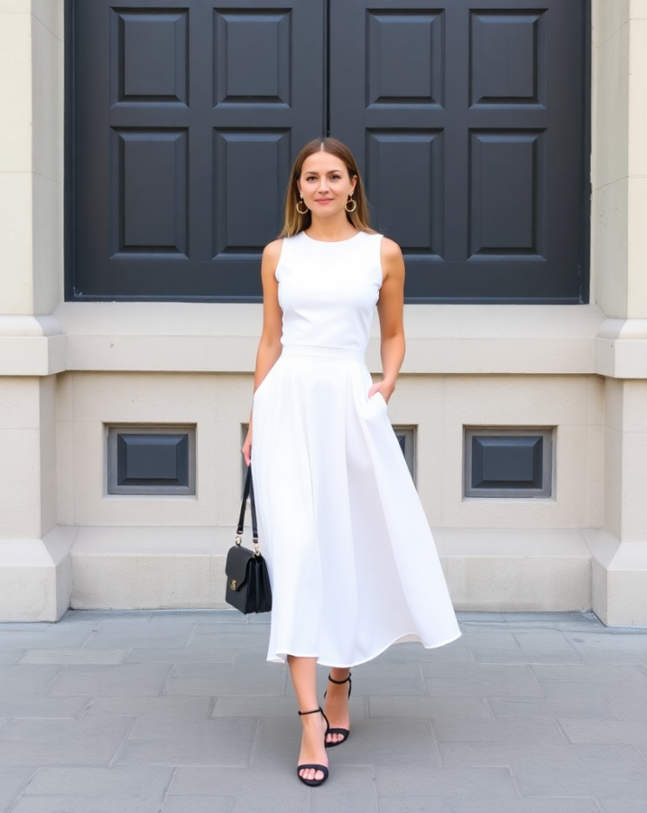 Monochrome midi skirt and top: a chic minimalist choice for spring parties 2025. #MonochromeOutfit #SpringParty #MinimalistFashion #2025Style #PartyOutfit