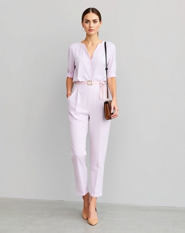 This chic pastel jumpsuit offers a modern and minimalist take on spring party attire in 2025. Its clean lines and soft color are perfect for the season. #MinimalistSpringPartyOutfits #PastelJumpsuit #SpringFashion2025 #PartyJumpsuit #ModernMinimalism