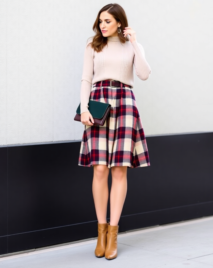 A lady dressed in a plaid skirt and a cropped sweater, a classic and preppy spring outfit. #plaidskirt #croppedsweater #springfashion