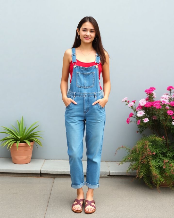  a red tank top under overalls creates a youthful look.