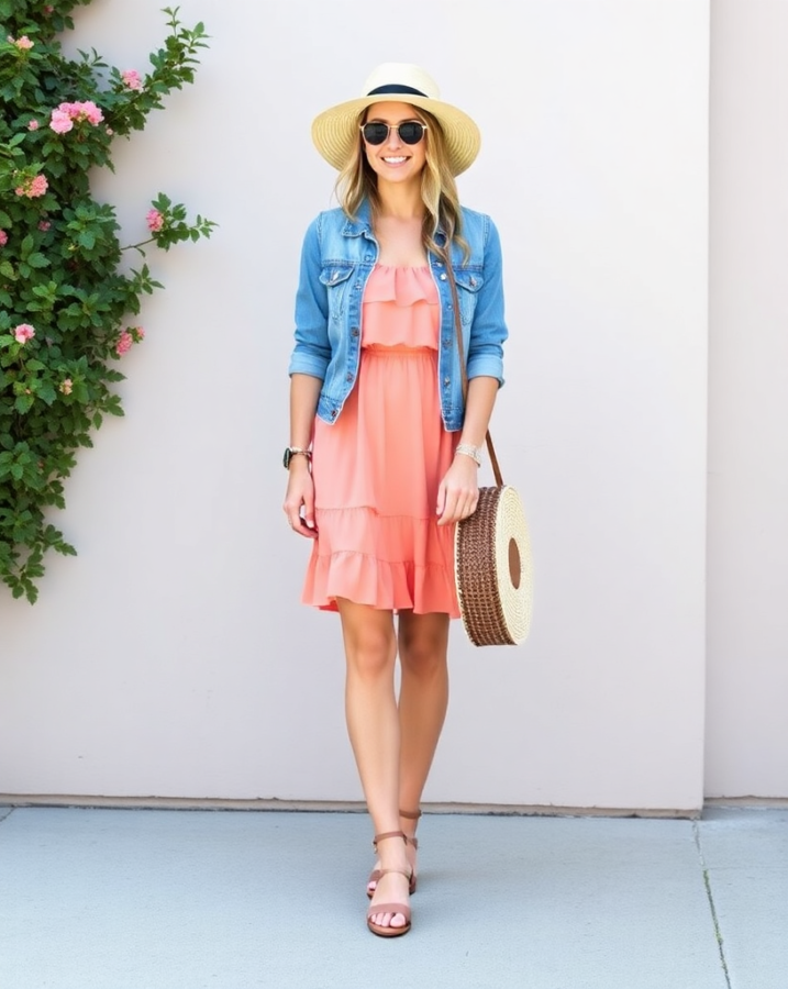 A lady dressed in a delicate ruffled sundress, contrasted with the casual coolness of a denim jacket, creating a trendy and stylish spring dress look. #springdresslook #contraststyle #rufflesanddenim