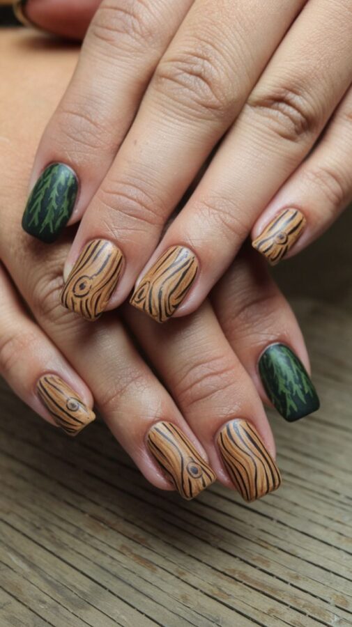 Close-up photo of manicured nails featuring a light wood grain texture, reminiscent of aged pine. A unique Western nail art idea. #westernmanicures #lightwoodgrain #nailartinspo