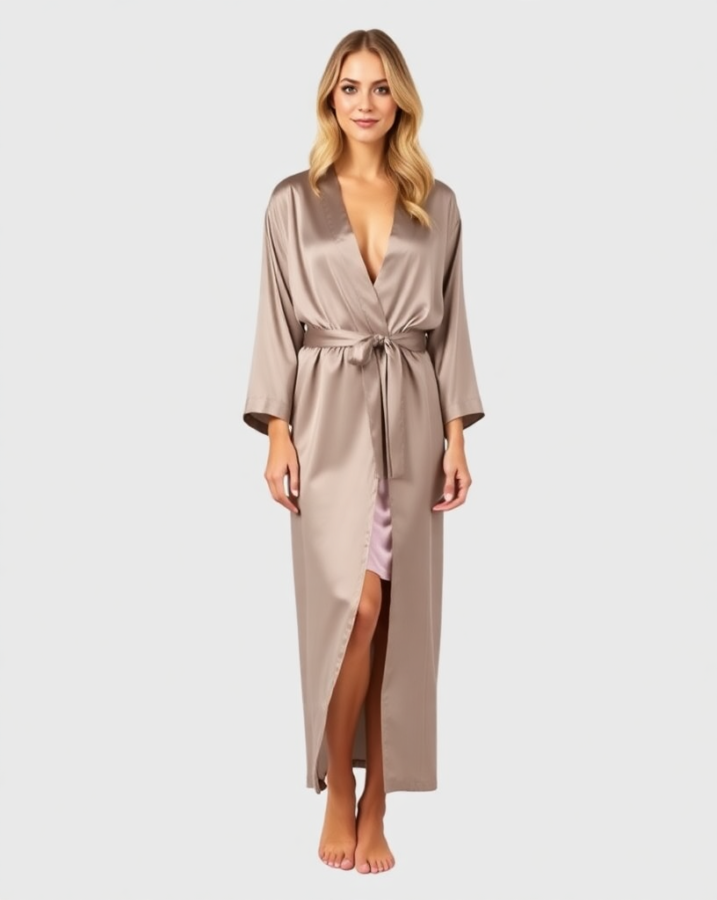 A lady exudes effortless elegance in a silky robe and slip dress, proving that pajama day can be both comfortable and chic. #SilkyRobe #SlipDress #PajamaDayStyle #EffortlessChic