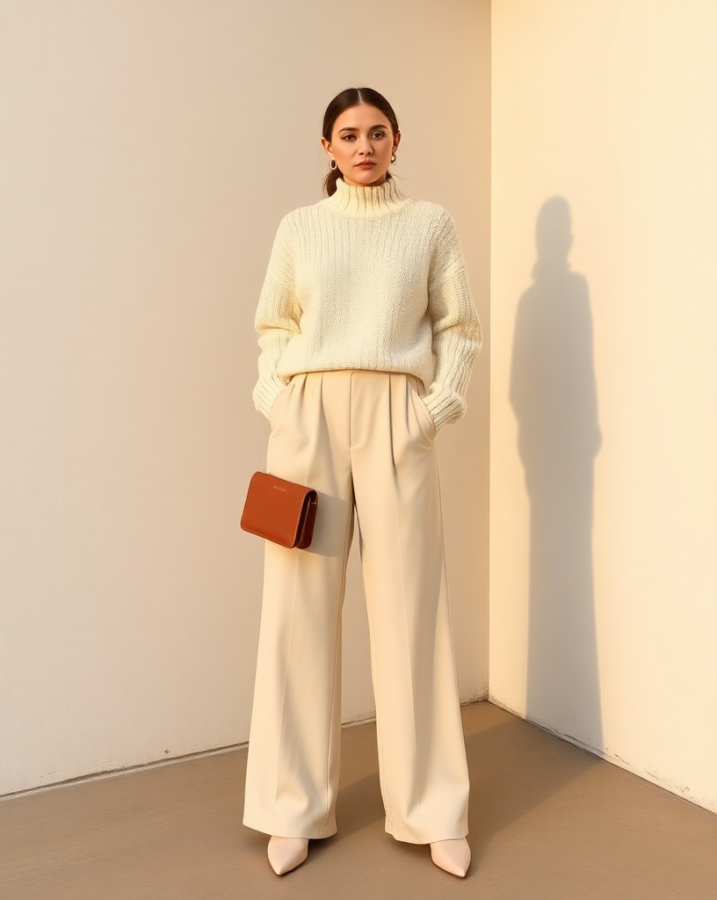 Dress up or down with this versatile knit sweater and wide-leg pant pairing, ideal for minimalist spring party looks in 2025. #SpringPartyOutfits2025 #MinimalistStyle #VersatileOutfit #PartyLook #CasualChic