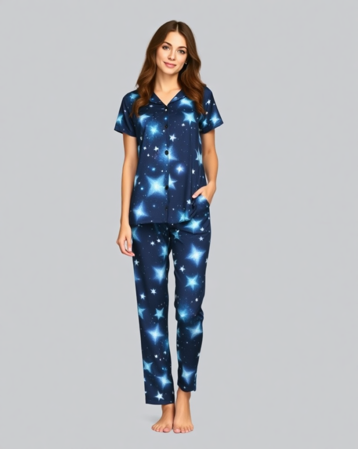 Dreamy comfort meets celestial style! This starry night pajama ensemble is perfect for a cozy and fashionable pajama day. #StarryNightPajamas #PajamaDayStyle #CelestialChic #CozyComfort