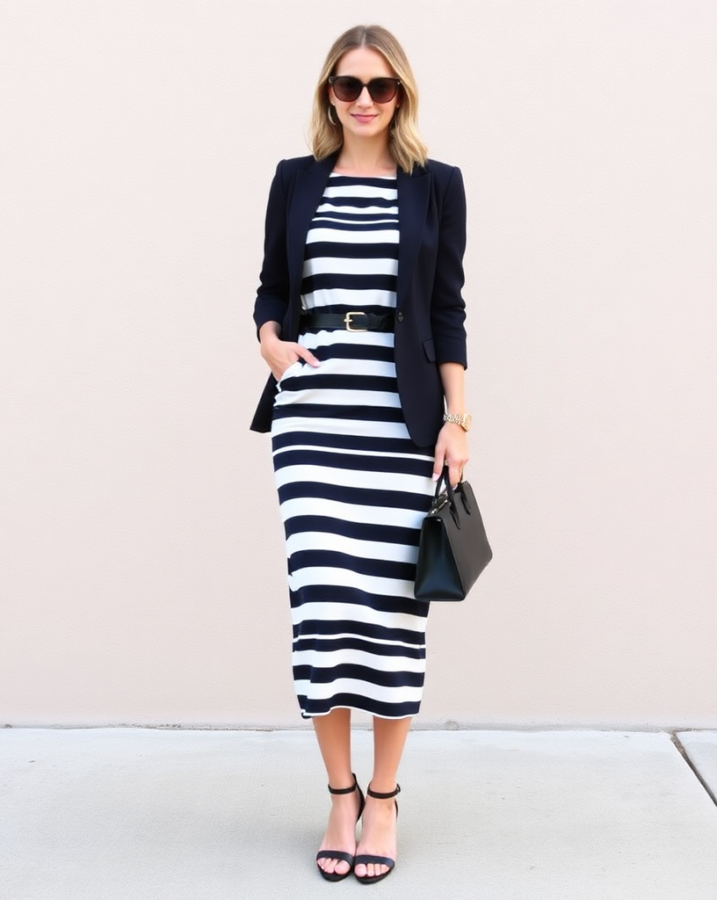 A lady dressed in a knee-length striped midi dress, made of a comfortable fabric, layered with a fitted blazer. This creates a stylish and professional spring dress outfit. #springdressoutfit #stripedmidi #blazeroutfit