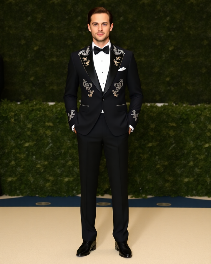 A man wearing a perfectly fitted black tuxedo, showcasing exquisite embroidery on the lapels, attends the Met Gala. #MetGalaOutfits #TuxedoElegance #RedCarpetAppearance #MenswearStyle #MetGalaVibes #EmbroideredClothing #FormalStyle #FashionStatement #CelebrityFashionista