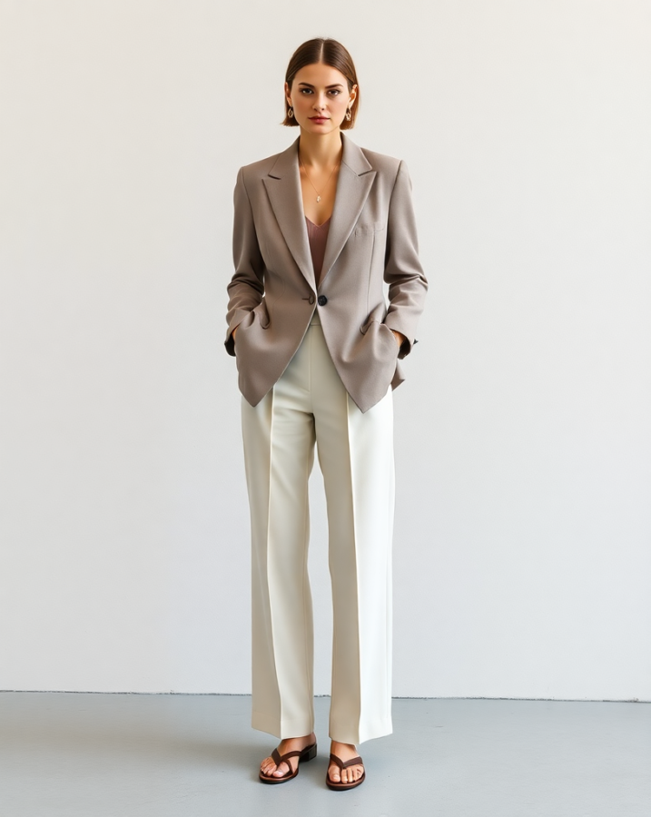 Dress up or down with this versatile tailored blazer and wide-legged trouser set, perfect for minimalist spring party looks in 2025. #SpringPartyOutfits2025 #MinimalistStyle #VersatileOutfit #PartyLook #ChicSeparates