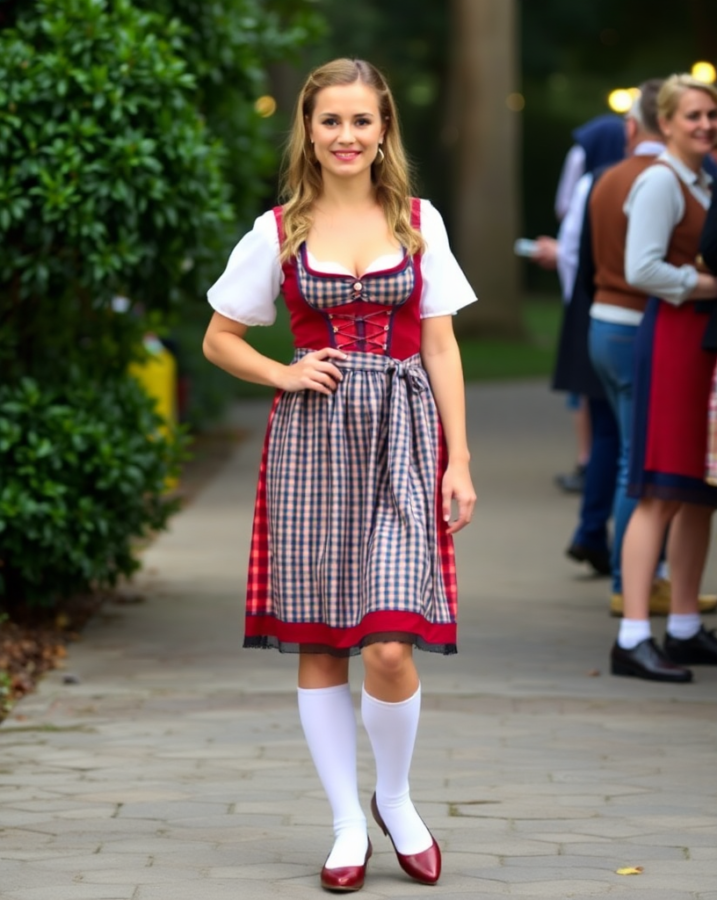 A lady dressed in a vibrant dirndl joins fellow partygoers in their creative costumes at a themed event, highlighting the dirndl's unique appeal. #DirndlCostume #CostumeParty #PartyVibes #CreativeCostumes