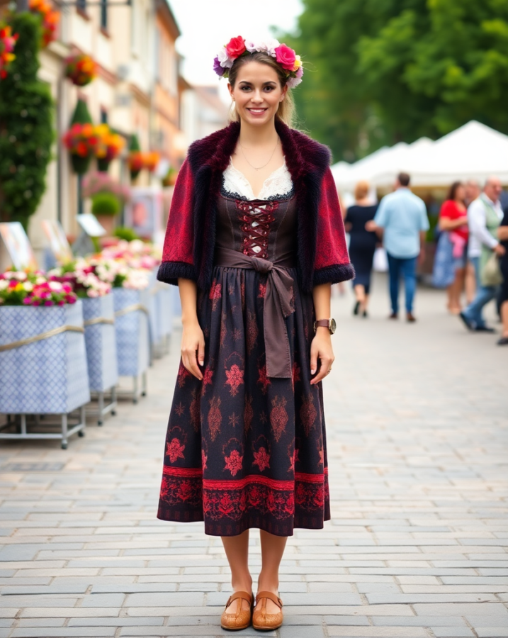 Celebrate German heritage!  At lady at a traditional festival joyfully wear dirndls, showcasing the versatility of this iconic garment beyond Oktoberfest. #GermanFestival #Dirndl #TraditionalClothing #CulturalEvent