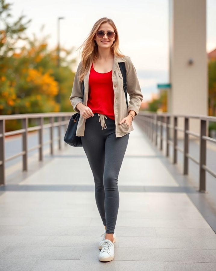 A red tank top paired with leggings is for long trips.