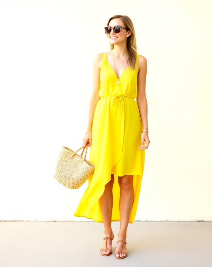 A lady dressed in a cheerful yellow sundress, paired with comfortable sandals for a perfect spring look. #yellowsundress #sundress #springfashion