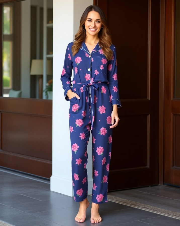 Elevate your pajama day look! This classic floral set is a great foundation for creating a stylish and comfortable outfit.  #PajamaDayInspiration #StylingTips #CozyStyle #DressToImpressAtHome