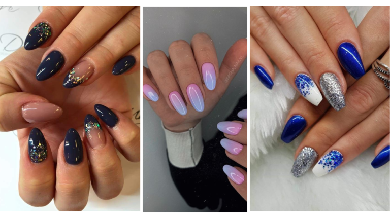 Various blue nail designs showcasing different shades and patterns. #BlueNails #NailArt #Manicure #BlueNailDesigns