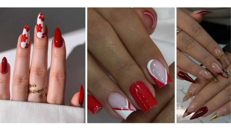 Creative Red Spring Nail Ideas #RedNailArt #SpringNails #NailDesigns #SpringNailIdeas #RedNails #FloralNails #GeometricNails #NailTrends #ManicureInspo #NailArt